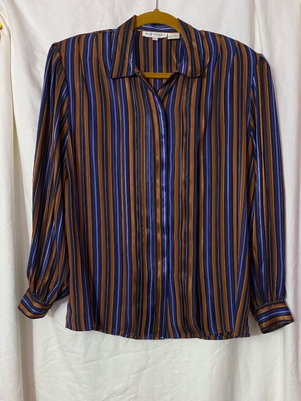 Martinique Vintage Striped Long Sleeve Blouse Blue Copper Gold Size 12
